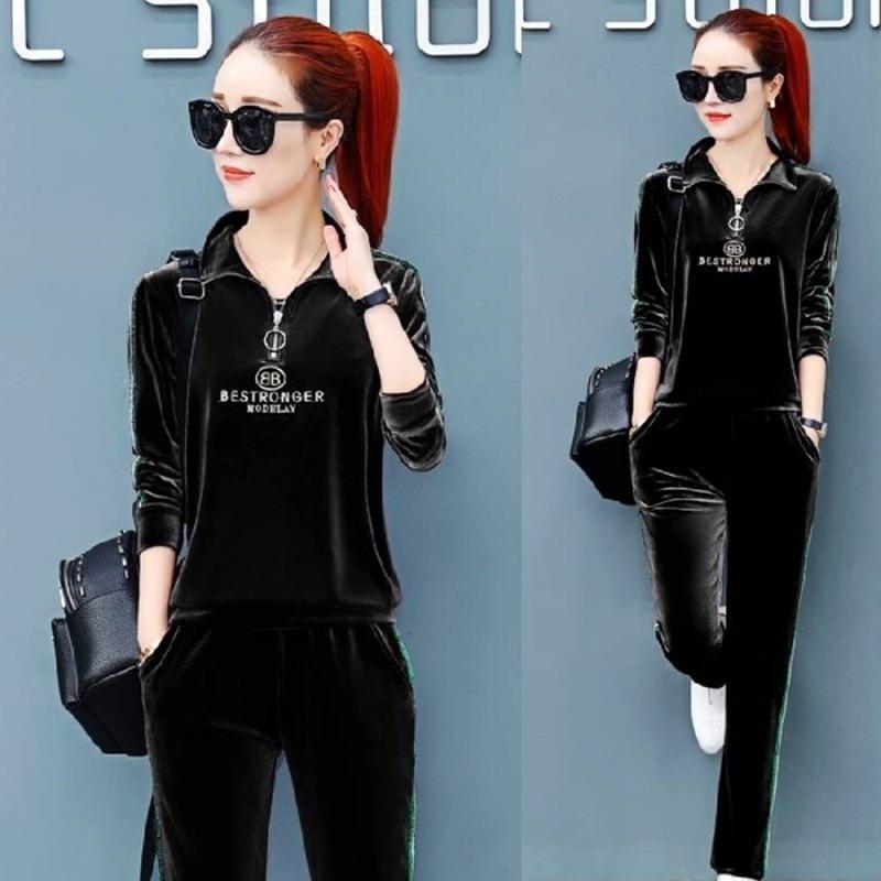 Gold Velvet Set - Women's Fashion Spring-Autumn Round-neck Casual Sportswear Sweater Set of Two Pieces