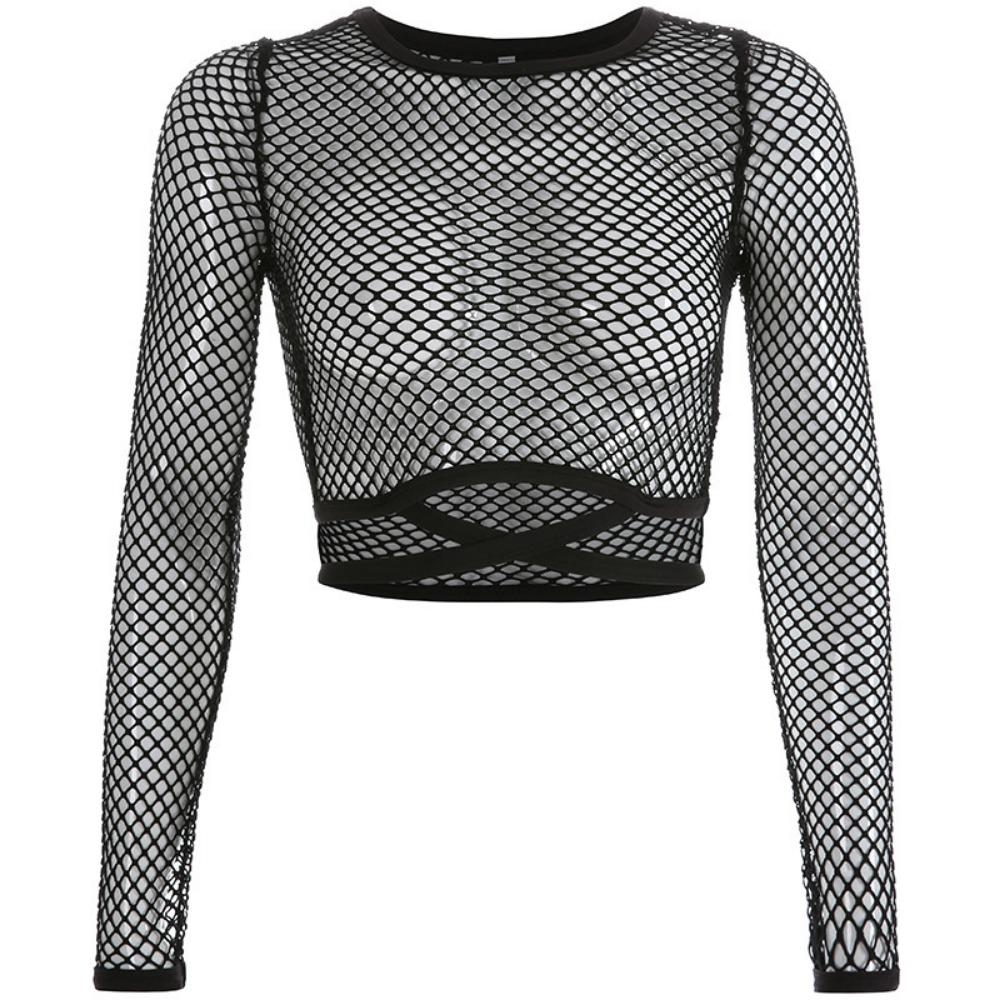 Grid Spliced Cross-banded Hollow Sunscreen Shirt Sexy Perspective Shorts Navel T-shirt Top