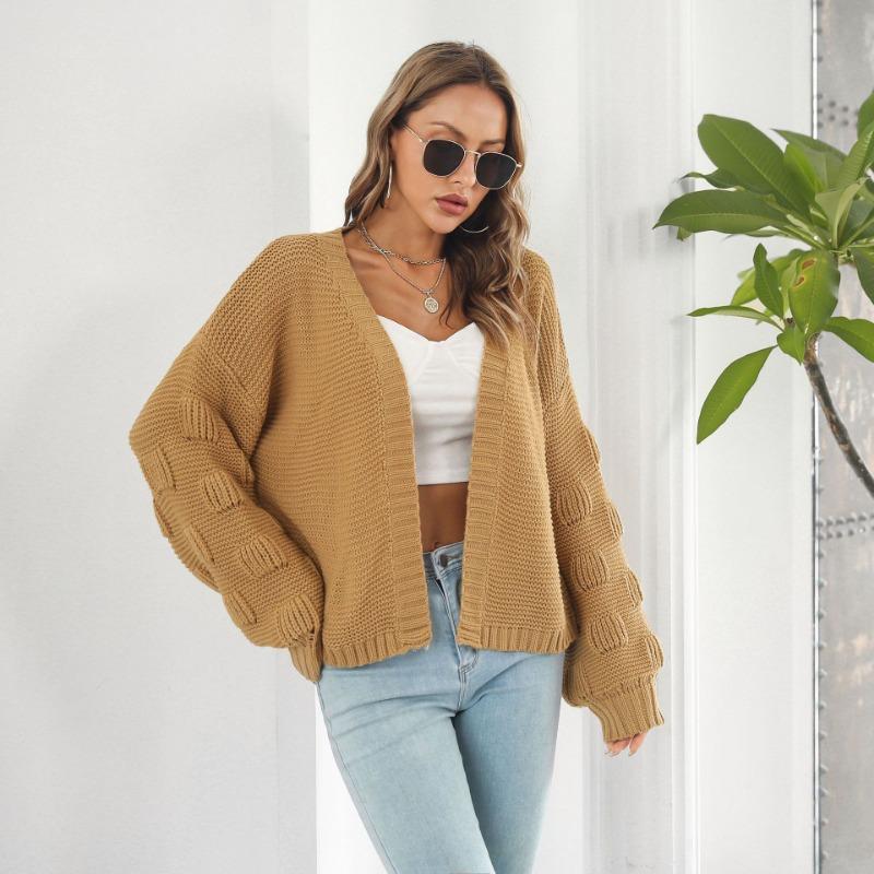 Three-dimensional Bubble Lantern Sleeve Loose Knitted Cardigan Women's Autumn and Winter  Sweater