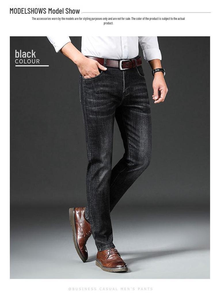 Hengyuanxiang Herren Schwarze Elastische Straight-Leg Jeans - Trendige, Waschbare und Strapazierfähige Freizeithosen für Herbst und Winter.