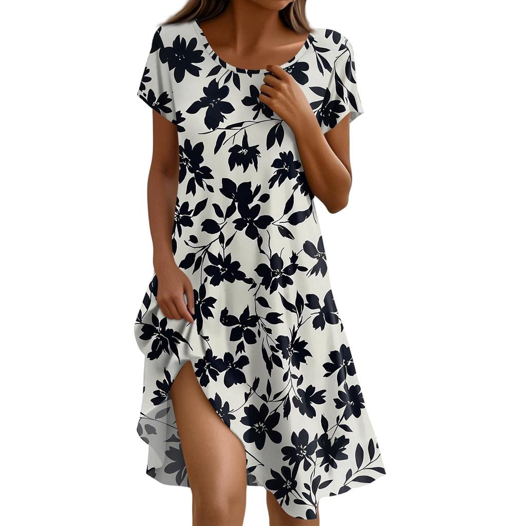 Kurzärmeliges Boho-Kleid für Damen, lässig, lockere Passform, Sommerkleid mit Print, Rundhalsausschnitt, mit Taschen