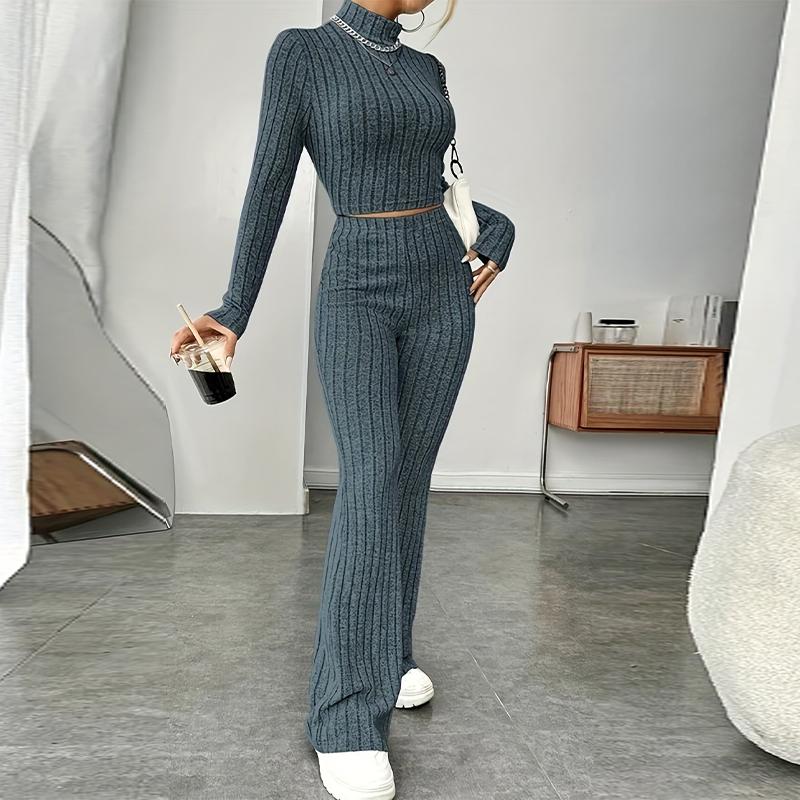 Women's Knitted Pullover Pants Two Pieces Set Slim Long Sleeved Mock Neck Top High Waist Wide Leg Pant Outfits