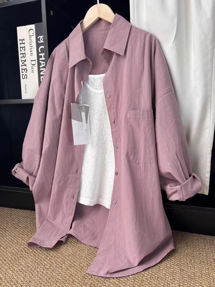 Plus Size Casual Long-Sleeve Plain Shirt for Spring and Autumn