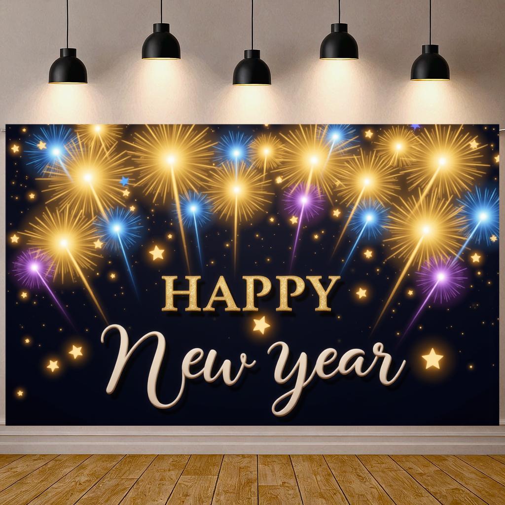 Happy New Year Banner Golden Lettering Sparkling Design New Year Party Decoration Backdrop Festive Holiday Photo Background