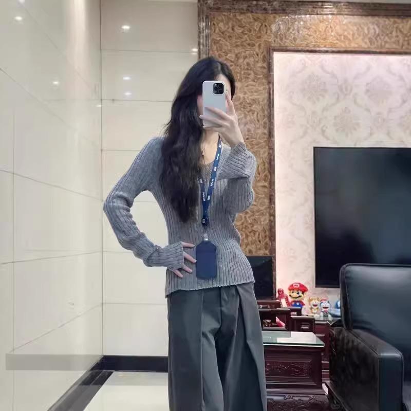 Slim-fit Gray Neck Sweater Lazy Style Knitted Sweater Spring Thin Spice Style Long-sleeved Inner Top Women