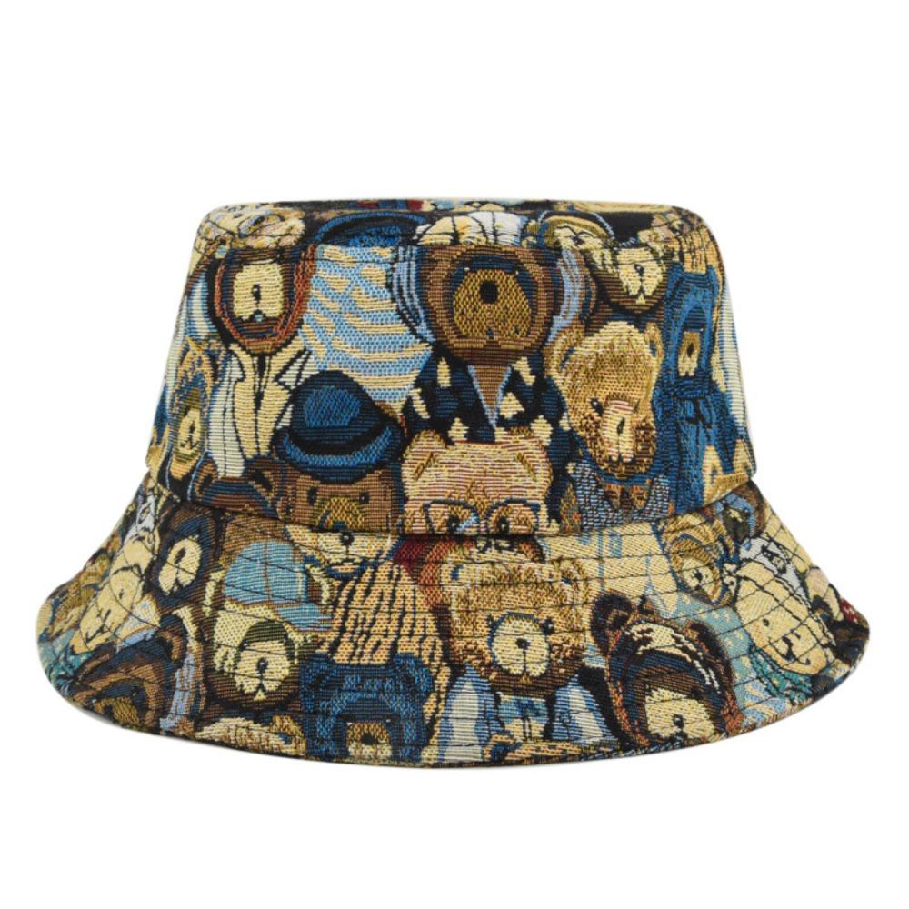 

Cartoon Little Bear Fisherman Hat Cotton Hemp Cloth Jacquard Sun Protection Hat Foldable Face Covering Sun Caps Girl синий