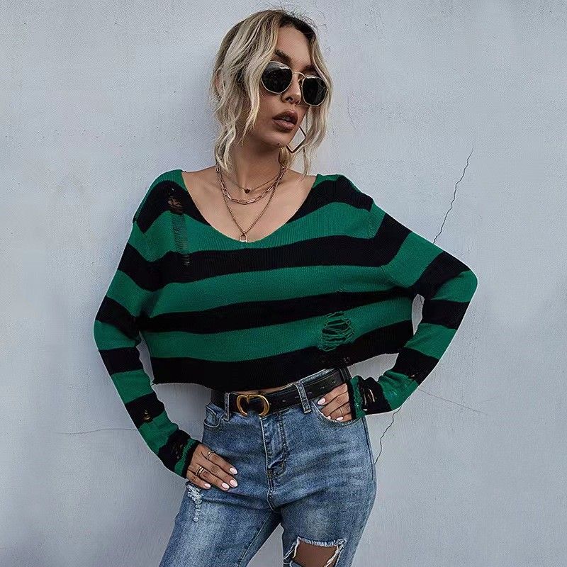 

Fashion Stripes V-neck Loose Short Ripped Sweater Striped V-neck Loose Hole Sweater Green L