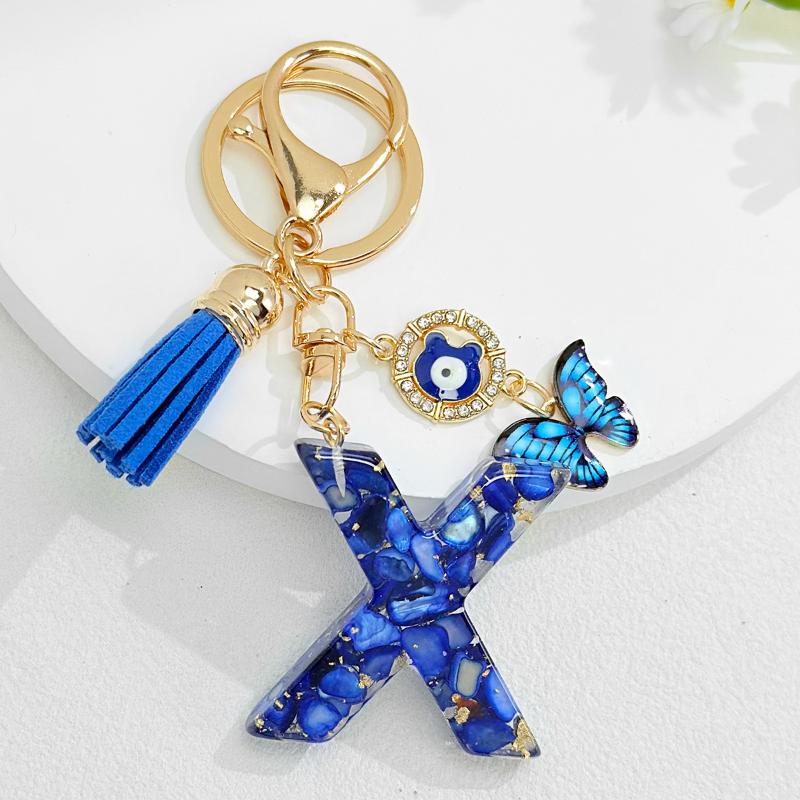 Fashion Blue Glazed Stone A To Z Letter Keychain 26 Initials Alphabet Butterfly Tassel Pendant Car Keyring Women Jewelry Gifts
