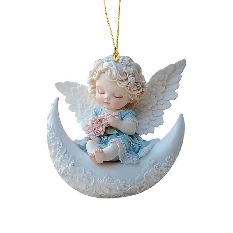 2D Flat Acrylic Angel Baby On Moon Sculpture Hanging Pendant Charm Christmas Tree Ornament Car Interior Decors Gifting