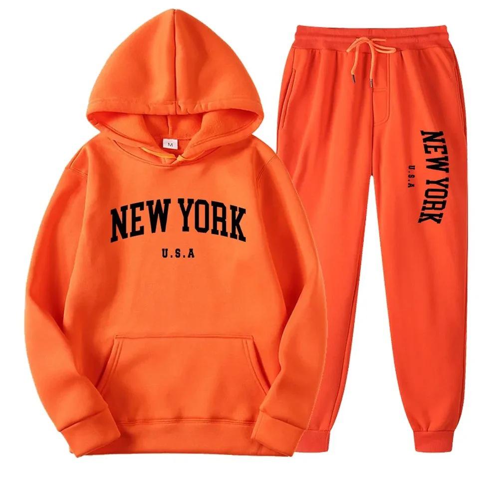 Men's New York Print Casual American Style Autumn Hoodie Set