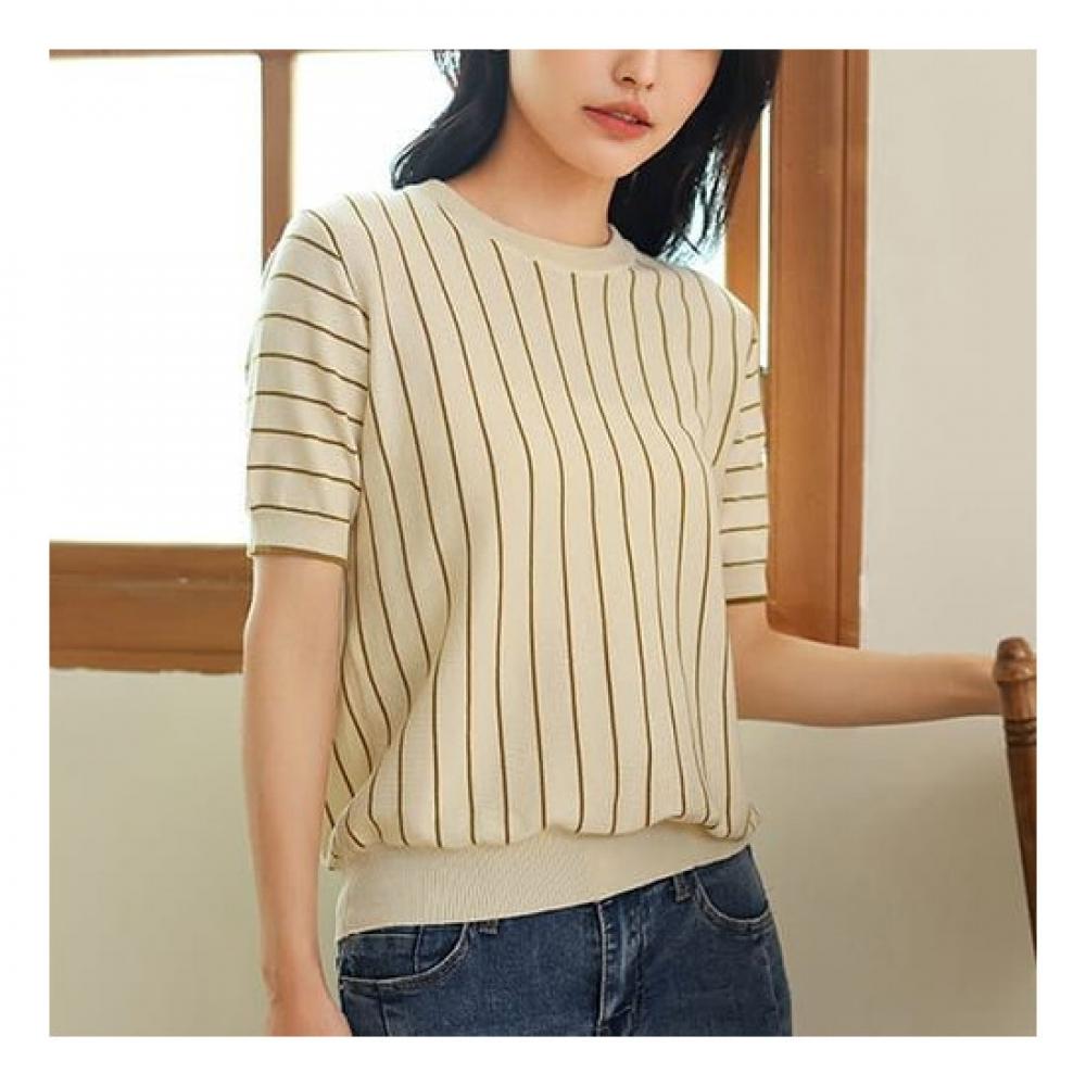 Navava Women Casual Stripe Thin Short Sleeve Knit Nk2086