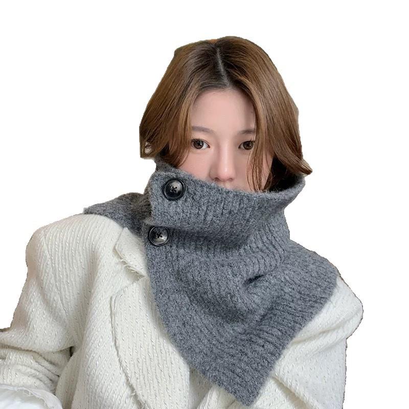 Korean Style Women's Knitted Woolen Neck Gaiter & Scarf with Buttons
