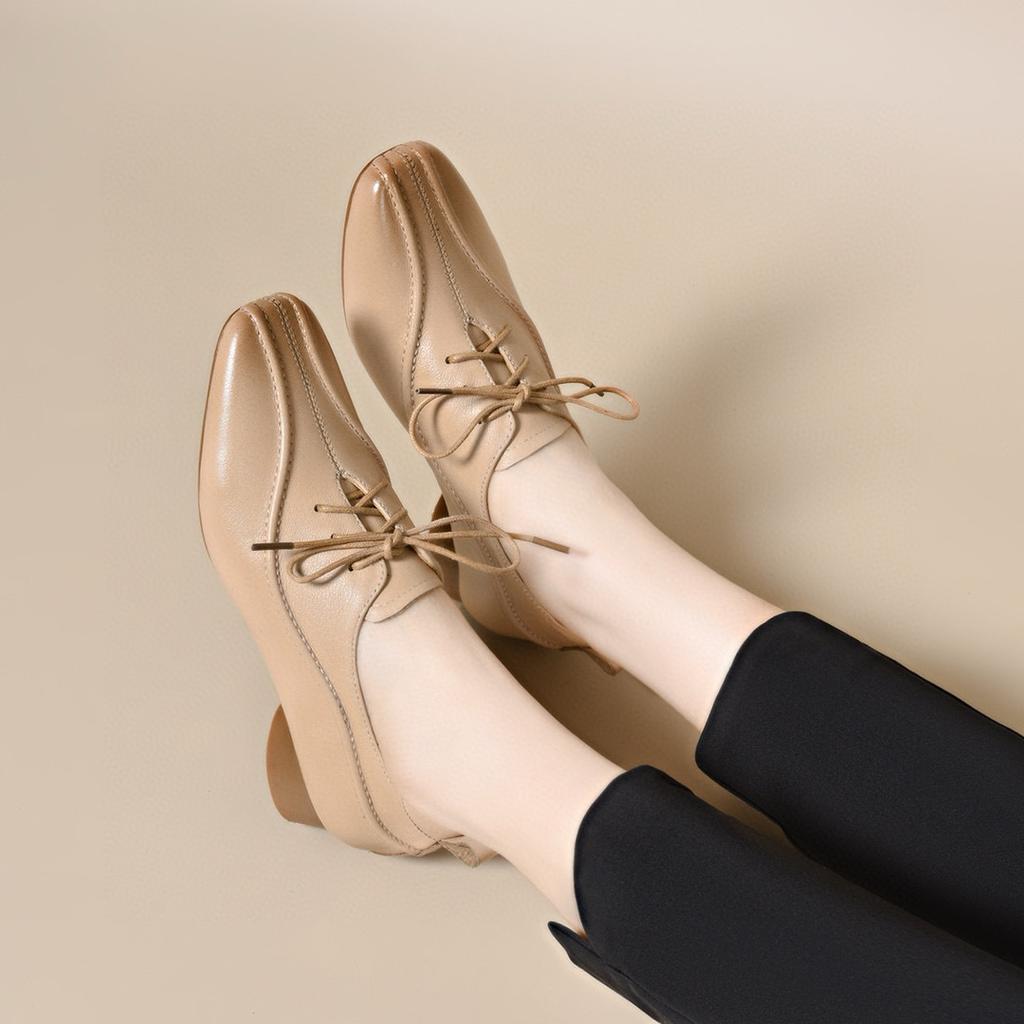 Retro first-layer cowhide commuter lace-up small leather shoes, spring new women's deep-mouth single shoes, low flat bottom