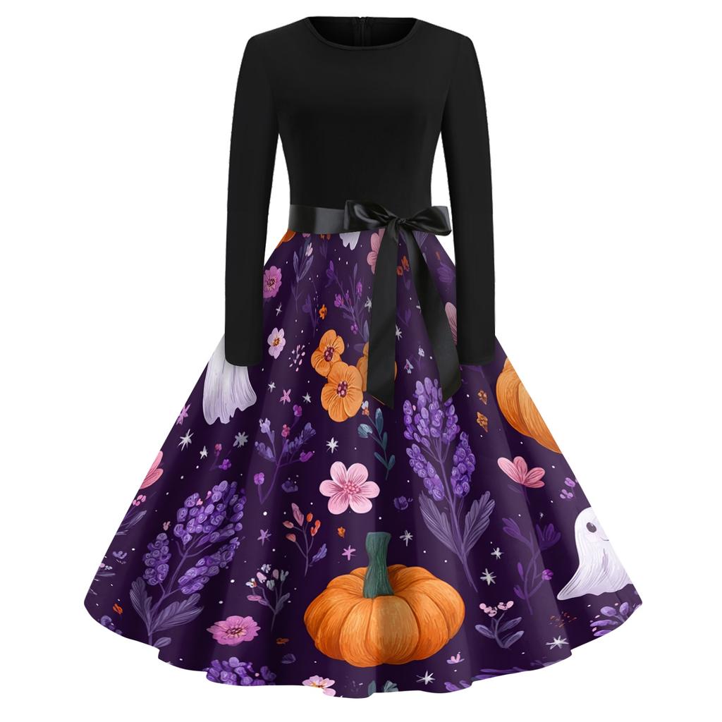 Women's Casual Vintage Halloween Print Dress Long Sleeve Round Neck A-Line Retro Style Midi Dress with Waist Tie for Seasonal Wear