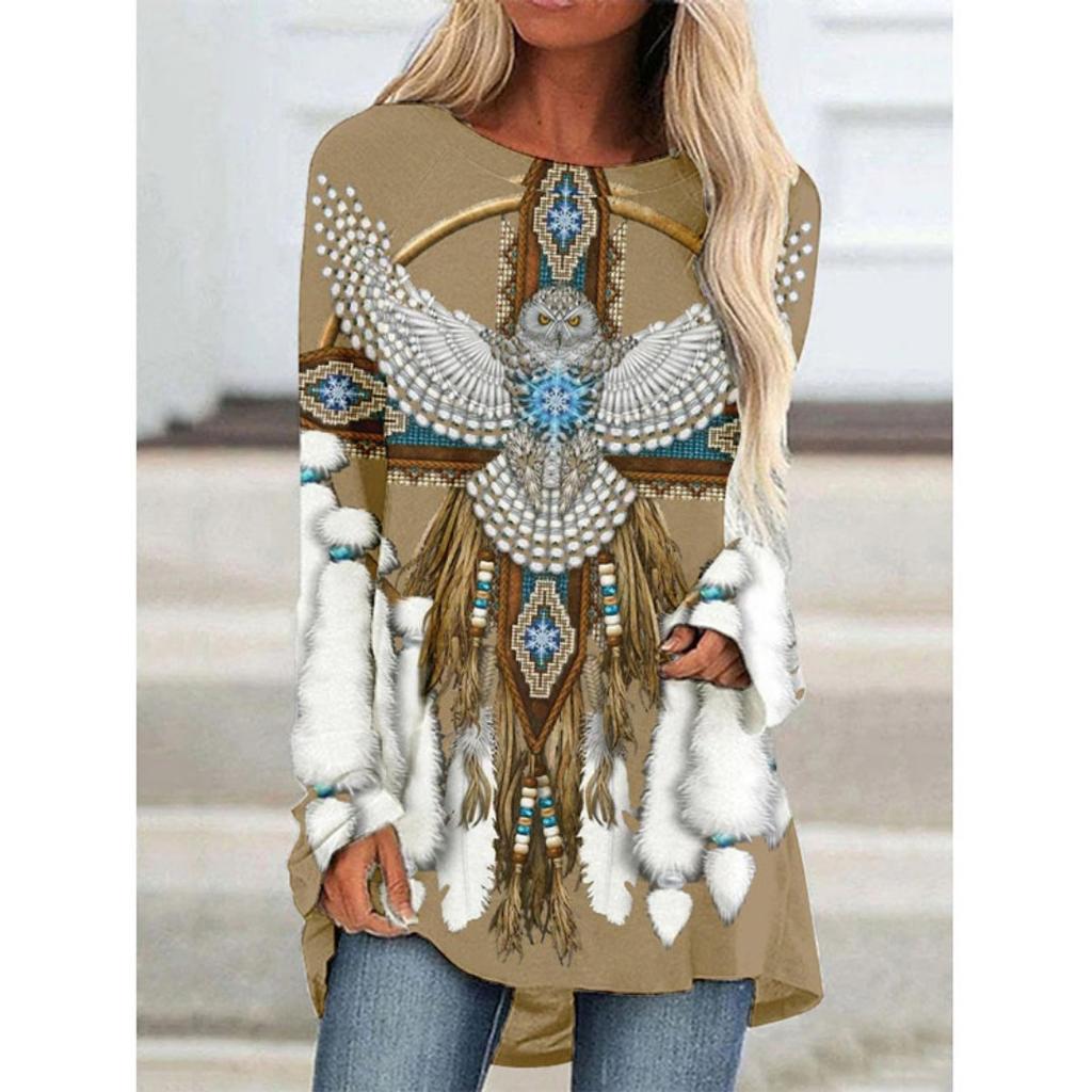 Western Aztec Ethnic 3D Print Langermede T-skjorter Bohemian Women Vintage Fashion T-skjorte Oversized Streetwear T-skjorter for kvinner Topper