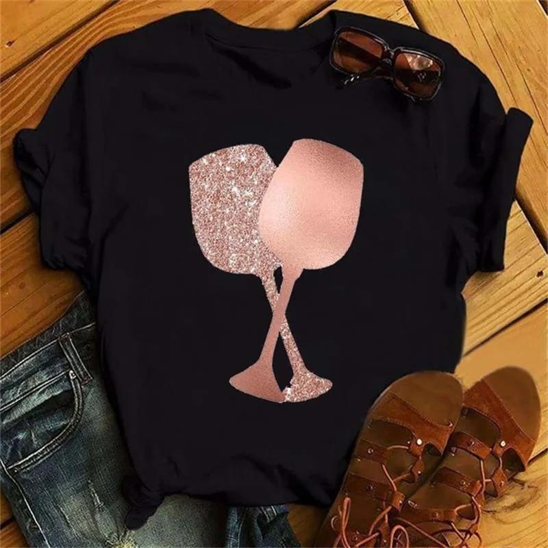 

Wine Glasses Printed Tshirts Women Summer Short-sleeve Wine Glass Funny Casual T Shirts Female Black Tops Woman Clothing S
