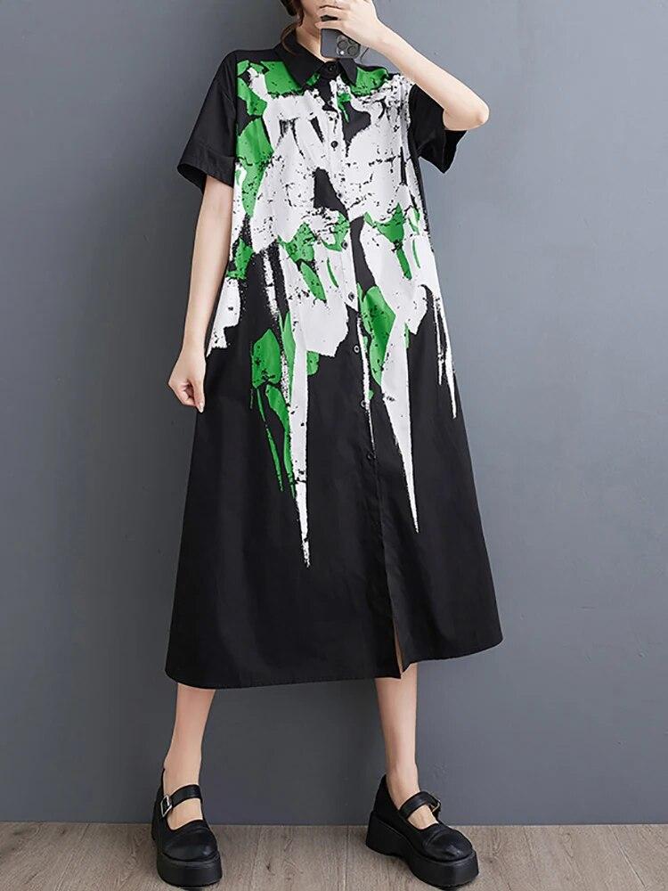 

XITAO повседневное платье с принтом и отложным воротником с коротким рукавом женское платье LYD1773