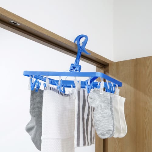 Towa Sangyo Clothes Drying Rack, Laundry, Corner Hanger with 24 Clothespins, Blue