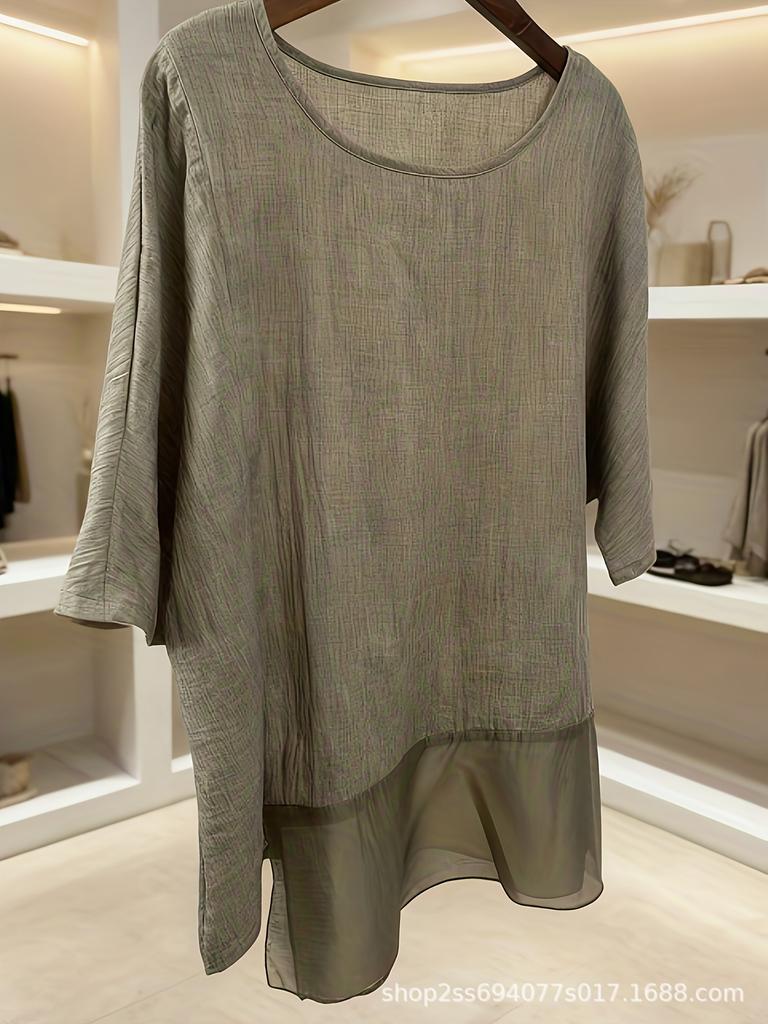 Women's Linen Blend Patchwork Mid-Sleeve Batwing Top with Irregular Hem