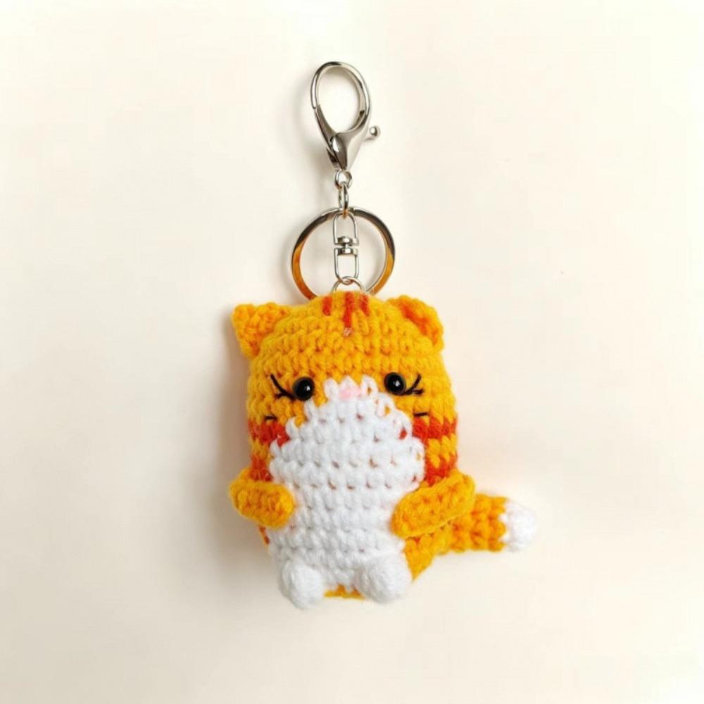 Handmade Hand Cat Keychain Handwoven Yarn Kitty Bag Charm Crochet Kitten Keyring Backpack Decor