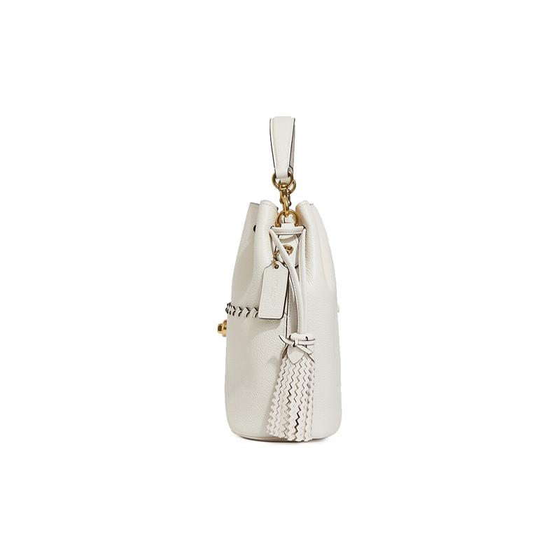 Coach Lora 22 Tassel Drawstring Leather Bucket Bag Hand Shoulder Bag Women's White