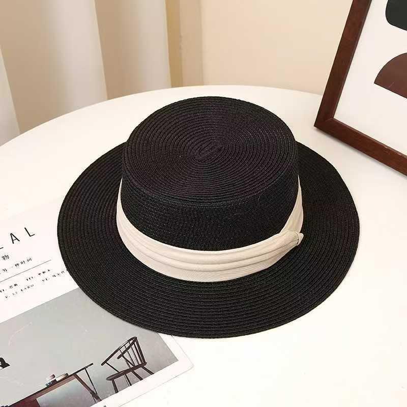 Flat top straw hat women's beach sunscreen bow top hat photo vacation straw weaving simple temperament sun hat