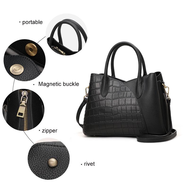 Fasjonabel damehåndveske med stor kapasitet, design med skjøting av krokodillemønster, svart allsidig mammaveske