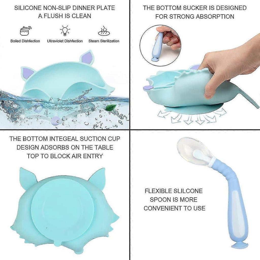 Silikone Baby Tallerken Sucker Non-slip Baby Tallerken Bpa Fri Med Skeer Til Børn Tåler Opvaskemaskine Mikrobølgeovn Dækkeserviet Høj Stol (blå)