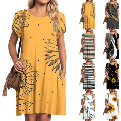 Womens Summer Short Sleeve Dresses Casual Loose Crewneck Dress Swing Comfy Beach Sundress With Pockets