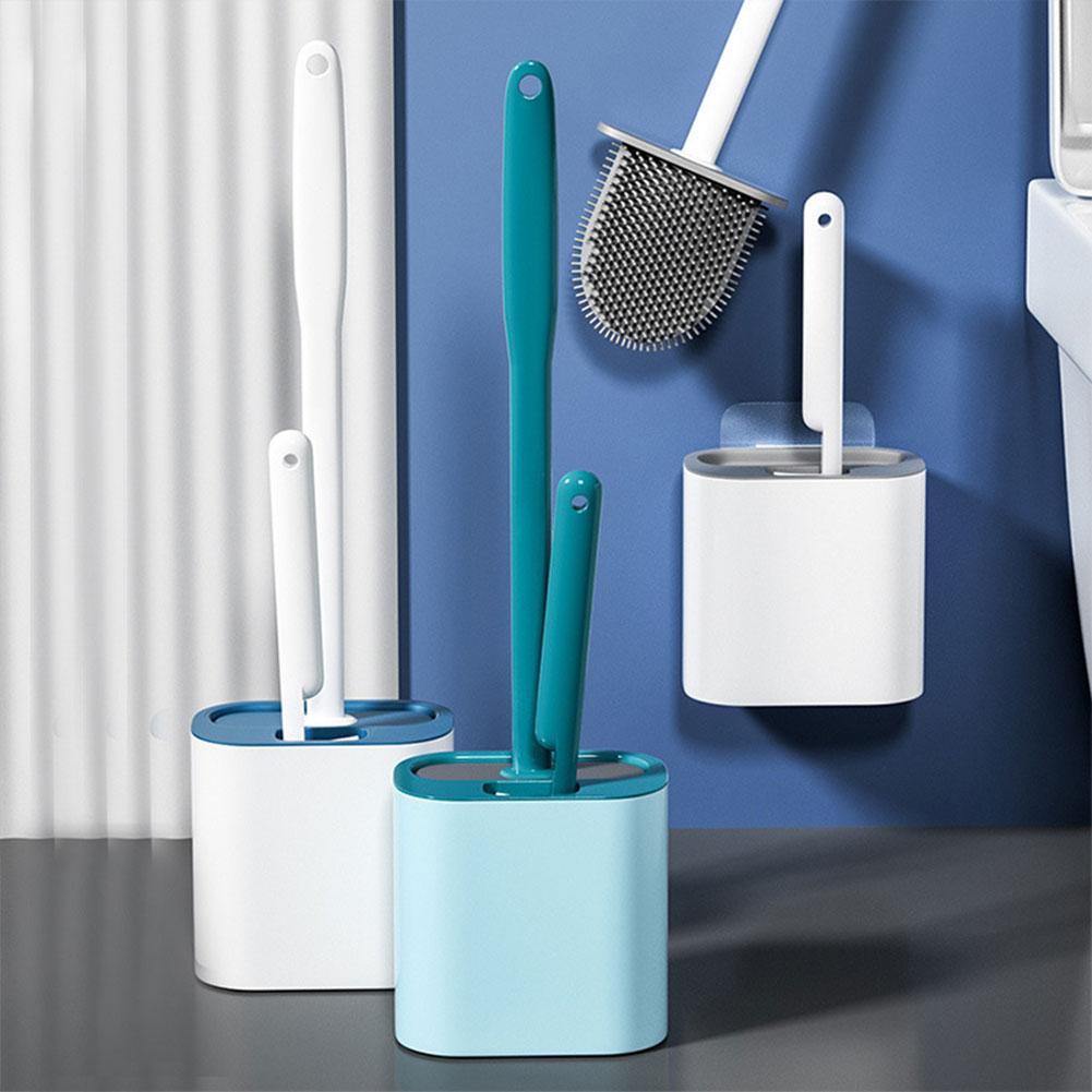 2 In 1 Toilet Brush&Holder Set 2 Brushes Small Bristles Brush Wall-Mounted Silicone Toilet Brush Flexible Bathroom Accessories