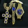 Luxury Hip-Hop Unisex Bling Quartz Rhinestone Iced Cross Pendant Necklace & Bracelet Watch Gift Set Pointer Dial Lightweight