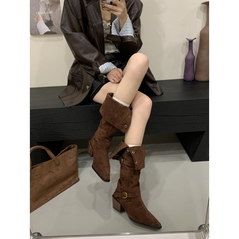 2025 Autumn and Winter New Suede Western Button Stacking Boots Women's Square Head Thick Heel Heel Knight Boots