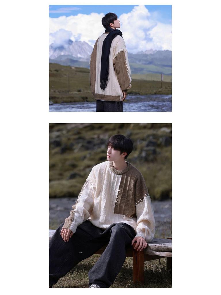 Boy's Color-Block Sweater: Trendy Loose-Fit Casual Pullover for Autumn/Winter