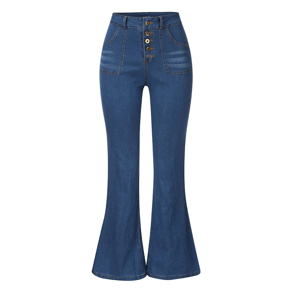 Women Flare Jeans Mid Waist Bell Jeans Stretch Slim Pants Length Jeans