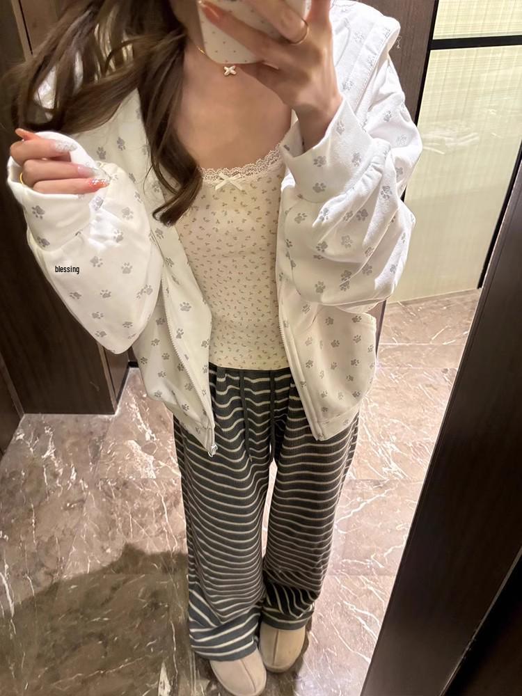 Damen Süßer Kapuzen-Cardigan mit Katzenohren und Hundepfoten-Print - Koreanischer Süß & Würzig Stil für Frühling/Herbst.