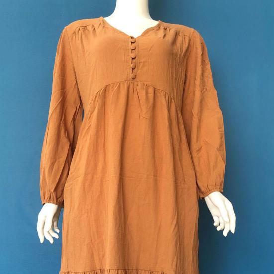 Women Bohemian Cotton Linen Dress Oversized V-neck Long Sleeve Swing Dress Pleated