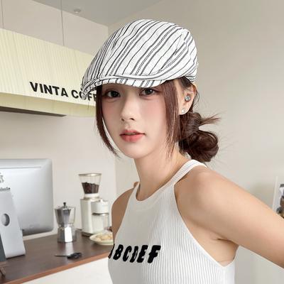 Korean Niche Design Striped Forward Cap for Women, Spring and Autumn Thin Breathable Versatile Cap That Makes the Face Look Smaller, Duckbill Newsboy