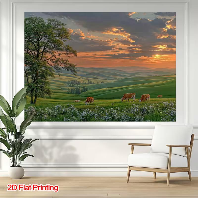Tranquil Pastoral Tapestry, Golden Hour Sunset Over a Peaceful Green Pasture with Grazing Cows, Rustic Farm Wall Art