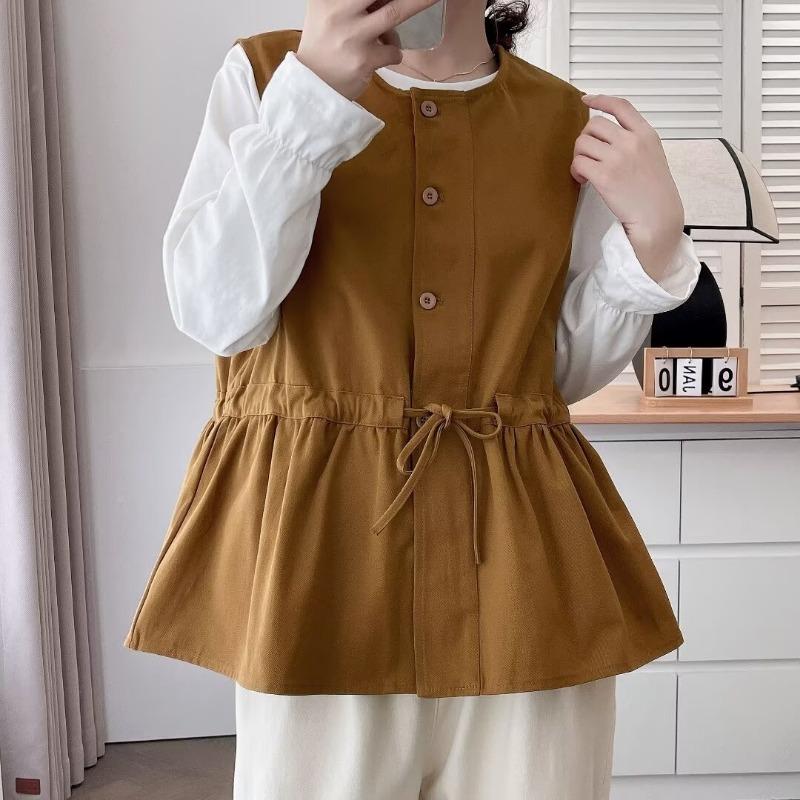 Plus Size Women Casual Solid Waist Cinching Sleeveless Vest Cardigan