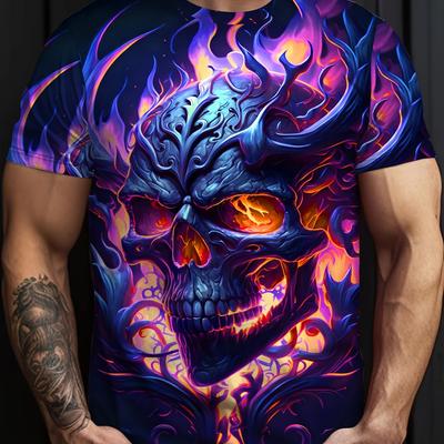 Plus Size Mens Vibrant 3D Glow Skull Flames Graphic Print Short Sleeve T-Shirt Print, Breathable Fabric