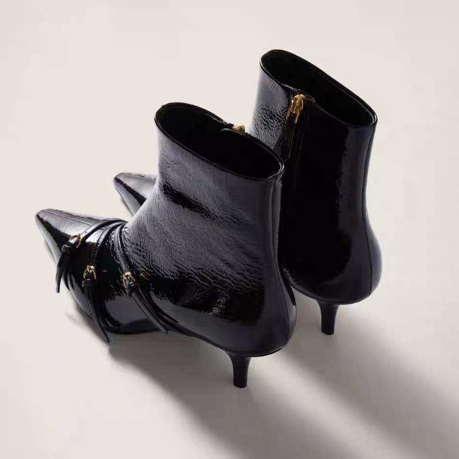 Modă Botine noi cu vârf ascuțit, toc subțire, cu toc înalt pentru femei, negre cu toc înalt, piele lăcuită, fermoar lateral, tendință botine slim