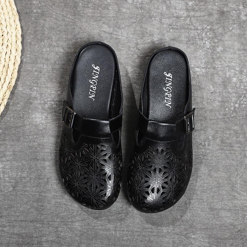 

Летняя новая модная обувь с дырками, уличная, с полым носком-мешком, полузакрытая, на мягкой кожаной подошве, крутые шлепанцы, женские 36 чёрный