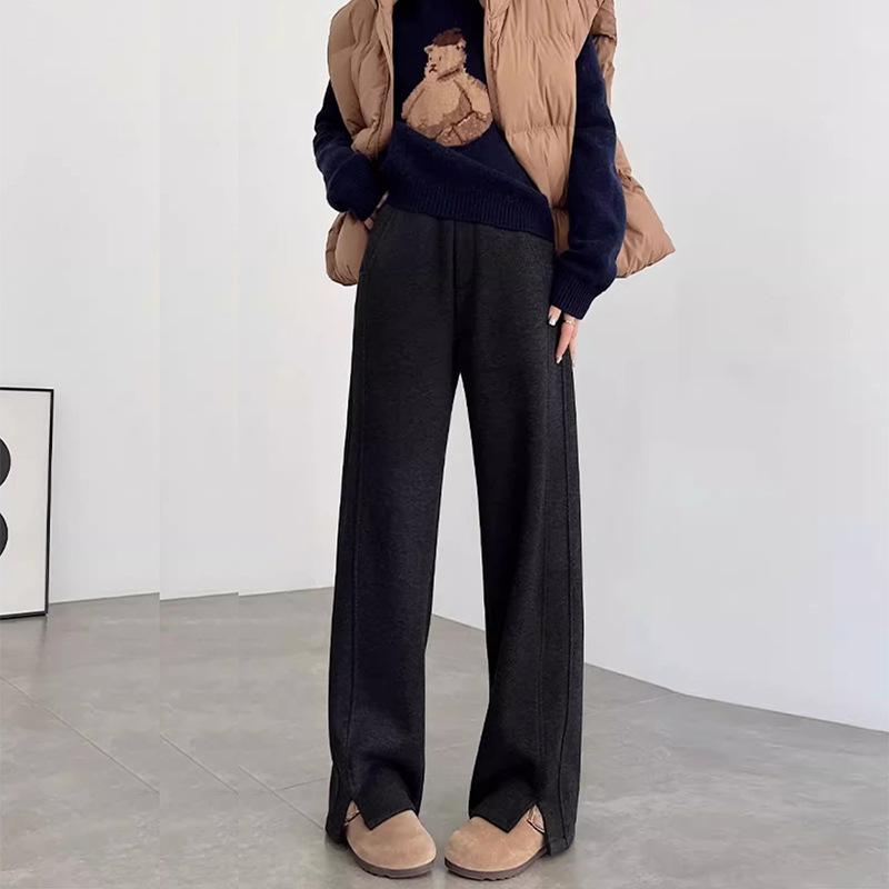 

Женские брюки из толстого флиса в рубчик, зимние новые, с высокой посадкой, облегающие, с разрезом, маленького размера, шерстяные брюки широкого кроя 5XL чёрный