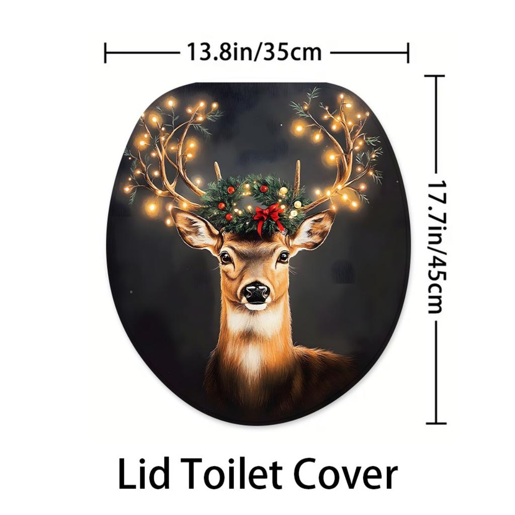 4Pcs Christmas Deer . Shower Curtain Set with Non-Slip Bath Mat, Toilet Lid Cover, Contour Rug & 12 Hooks, Bathroom Decor