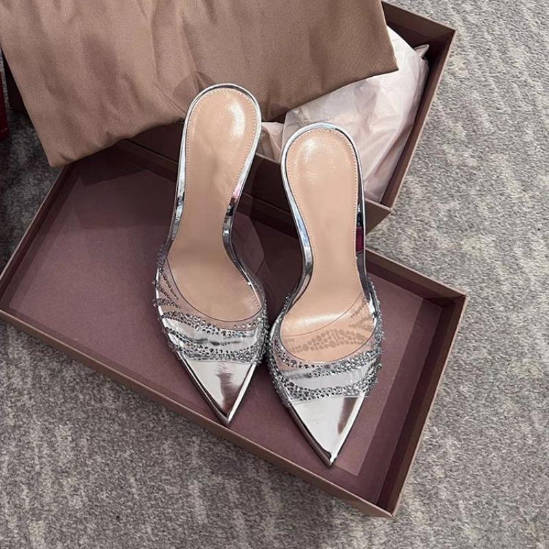 Fashion Sexy Woman Bling Crystal Decoration Slippers Sandals Transparent Pvc 10Cm 8Cm Thin High Heel Pointed Toe Party Mules Sandals