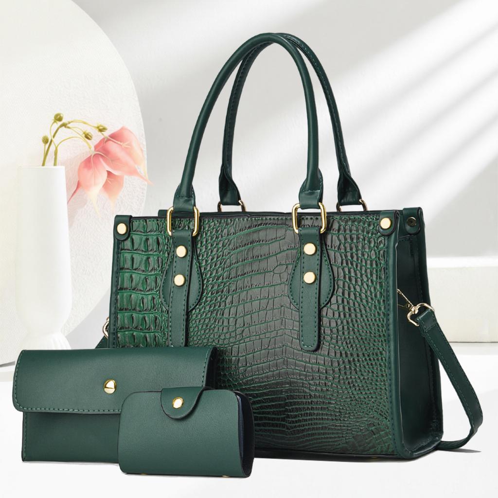 Women’s Trendy European Retro Crocodile Pattern Tote Bag Set, 3Pcs Convertible Top Handle Shoulder Crossbody Purse