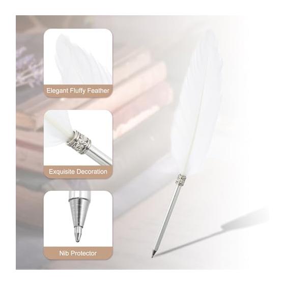 PATIKIL 4pcs Feather Pens, Fluffy Vintage Ink Quill Pens, Elegant Plated Rod, Feather Pen for Calligraphy, Signature, Guest Wedding Gift, White