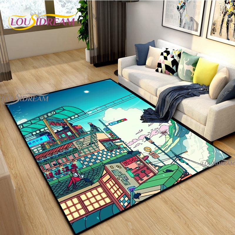 Japanese Anime Night Scene Rugs Child Game Floor Mat Alfombra Cartoon Carpets Modern Home Living Room Decor Washable Floor Rug