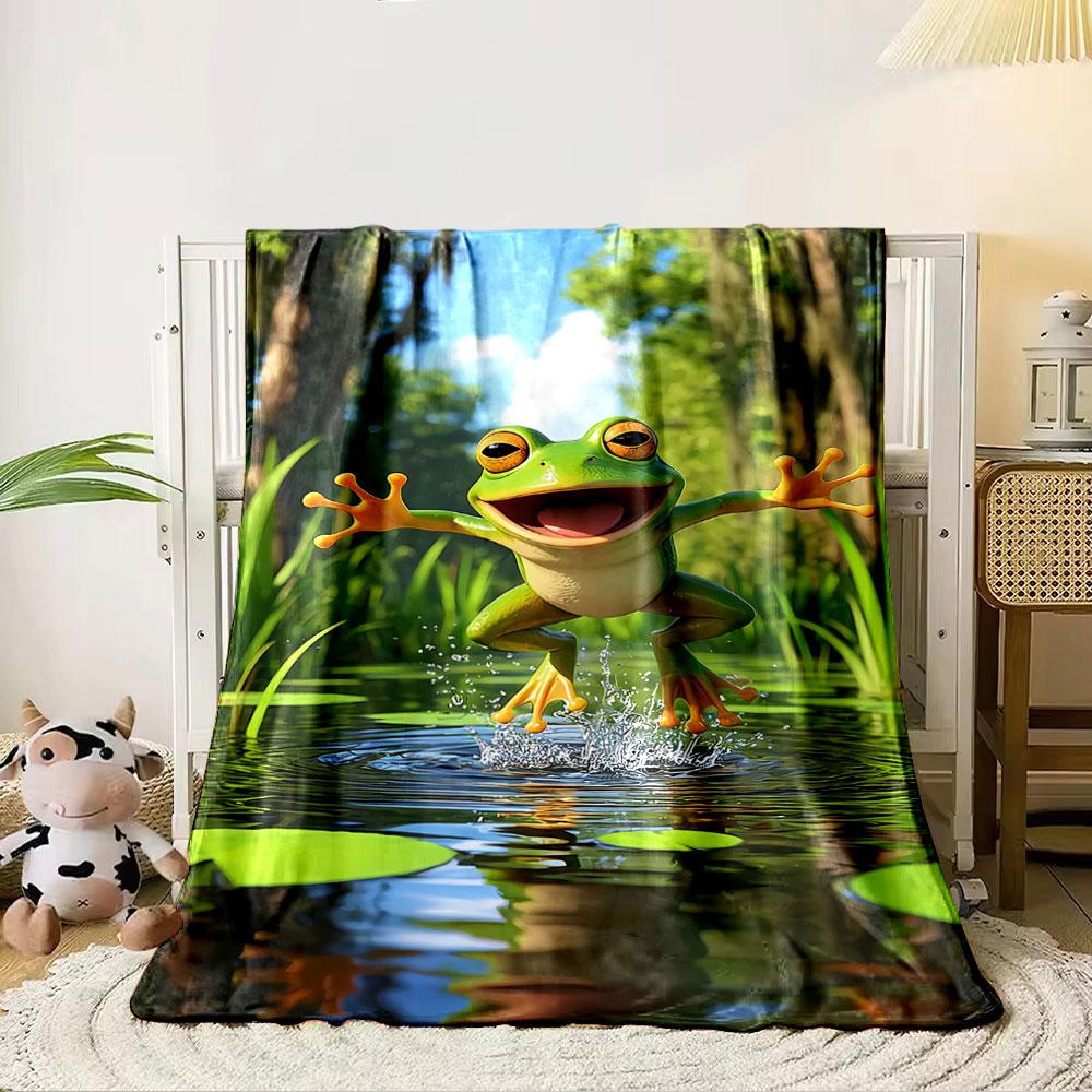 A cheerful frog is leaping energetically from water among lily pads. for all seasons blanket lunch break throw gift