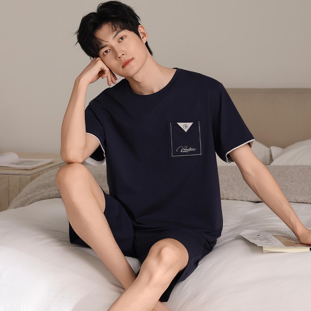 Pajamas Men's Summer Cotton Short Sleeve Shorts Thin Solid Color Teen Large Size Sports Can Wear Dad's Loungewear